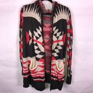 Aubrey Ann Open Cardigan with Hood and Aztec Print